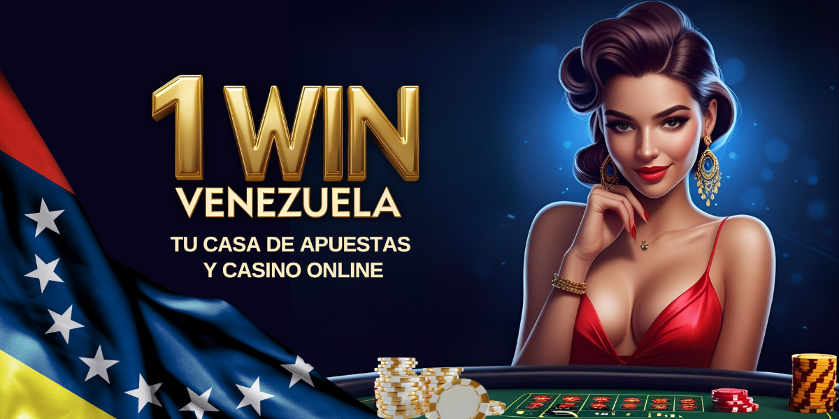 Banner promocional de 1Win Venezuela con una mujer elegante vestida de rojo, fondo azul oscuro, fichas de casino y bandera de Venezuela