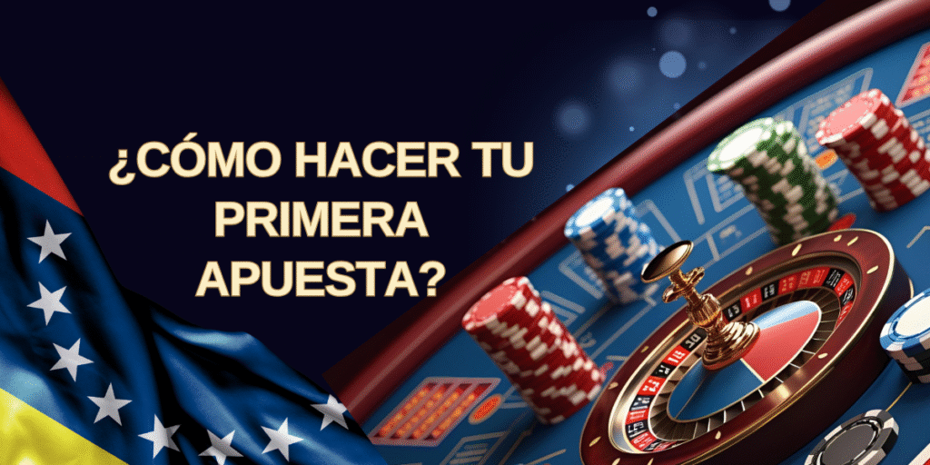 Imagen de tutorial de apuestas de 1Win Venezuela con ruleta de casino, fichas de póker de varios colores, mesa de juego azul y bandera venezolana