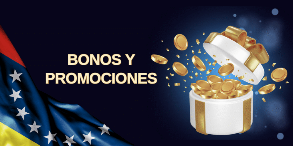 Imagen promocional de bonos y promociones de 1Win Venezuela con una caja de regalo blanca decorada con cinta dorada y monedas de oro flotando, junto a la bandera de Venezuela