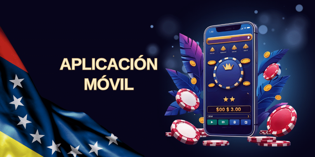 Imagen promocional de la aplicación móvil de 1Win Venezuela, con un smartphone mostrando la interfaz del casino, fichas de póker, monedas doradas, hojas decorativas y la bandera de Venezuela.